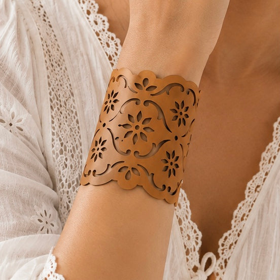 Leather Statement Cutwork Reversible Cuff Bracelet - Black and Camel