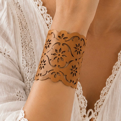 Leather Statement Cutwork Reversible Cuff Bracelet - Black and Camel