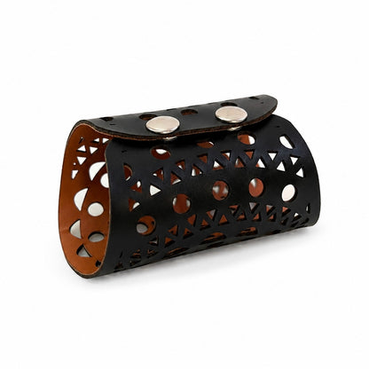 Leather Statement Cutwork Reversible Cuff Bracelet - Black and Camel