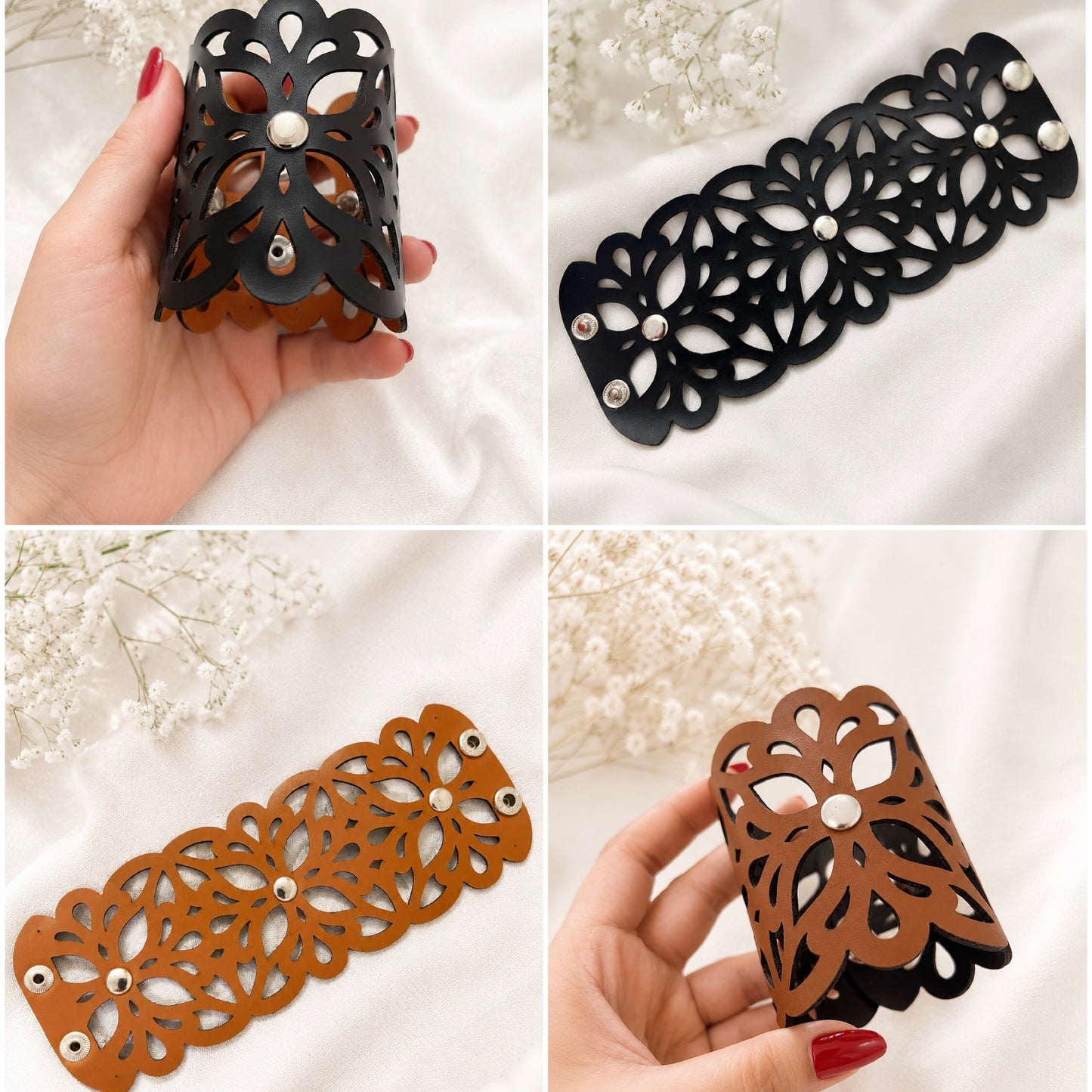 Leather Statement Cutwork Reversible Cuff Bracelet - Black and Camel