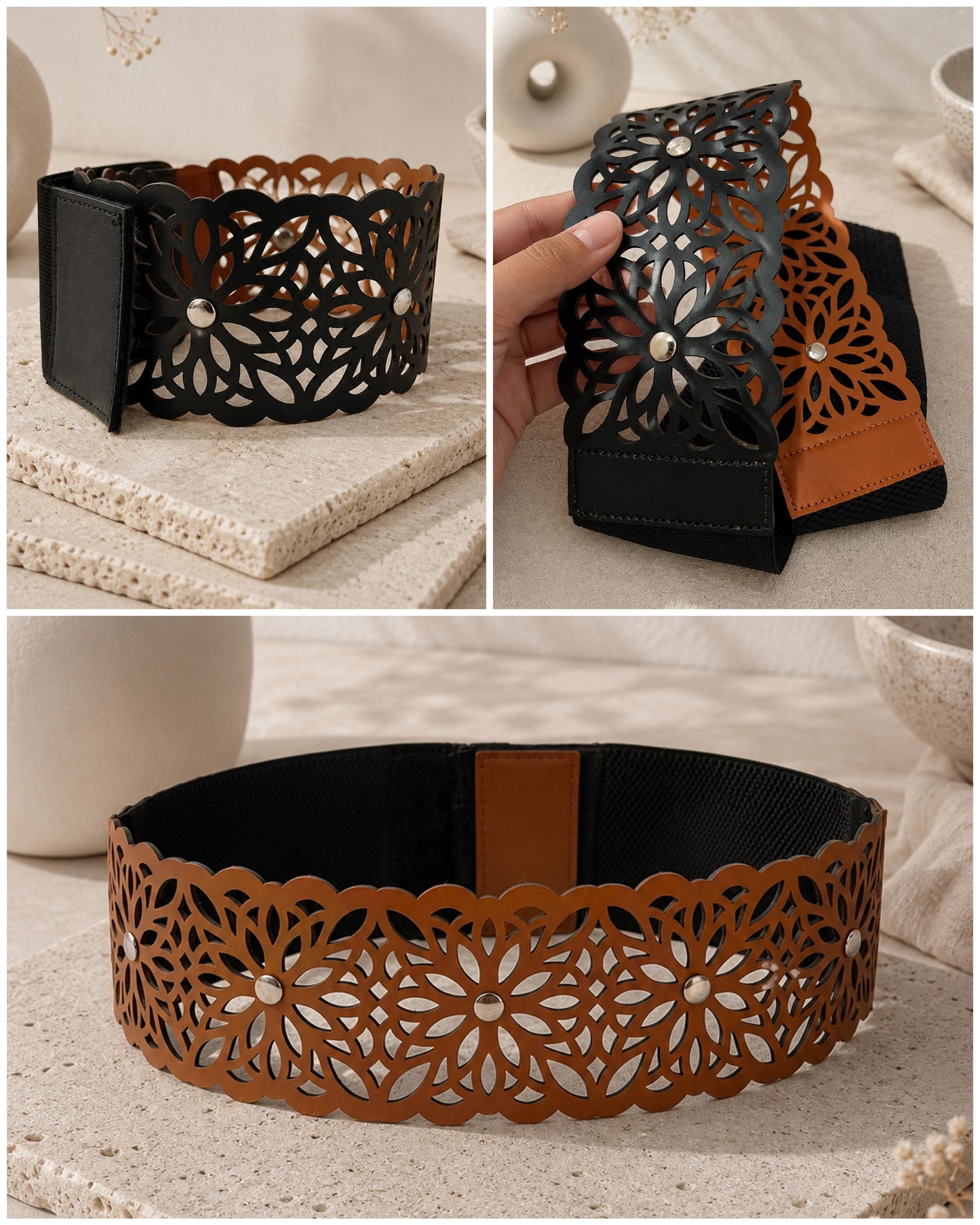 Leather Floral Cutwork Reversible Wide Waist Belt with Rivets - Black and Camel