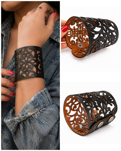 Leather Statement Cutwork Reversible Cuff Bracelet - Black and Camel