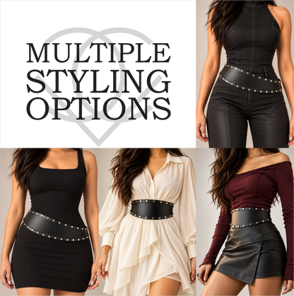 Women's Wide Leather Black Belt for Dresses - Studded Waist Belt