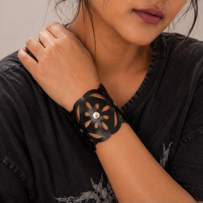 Leather Statement Cutwork Reversible Cuff Bracelet - Black and Camel
