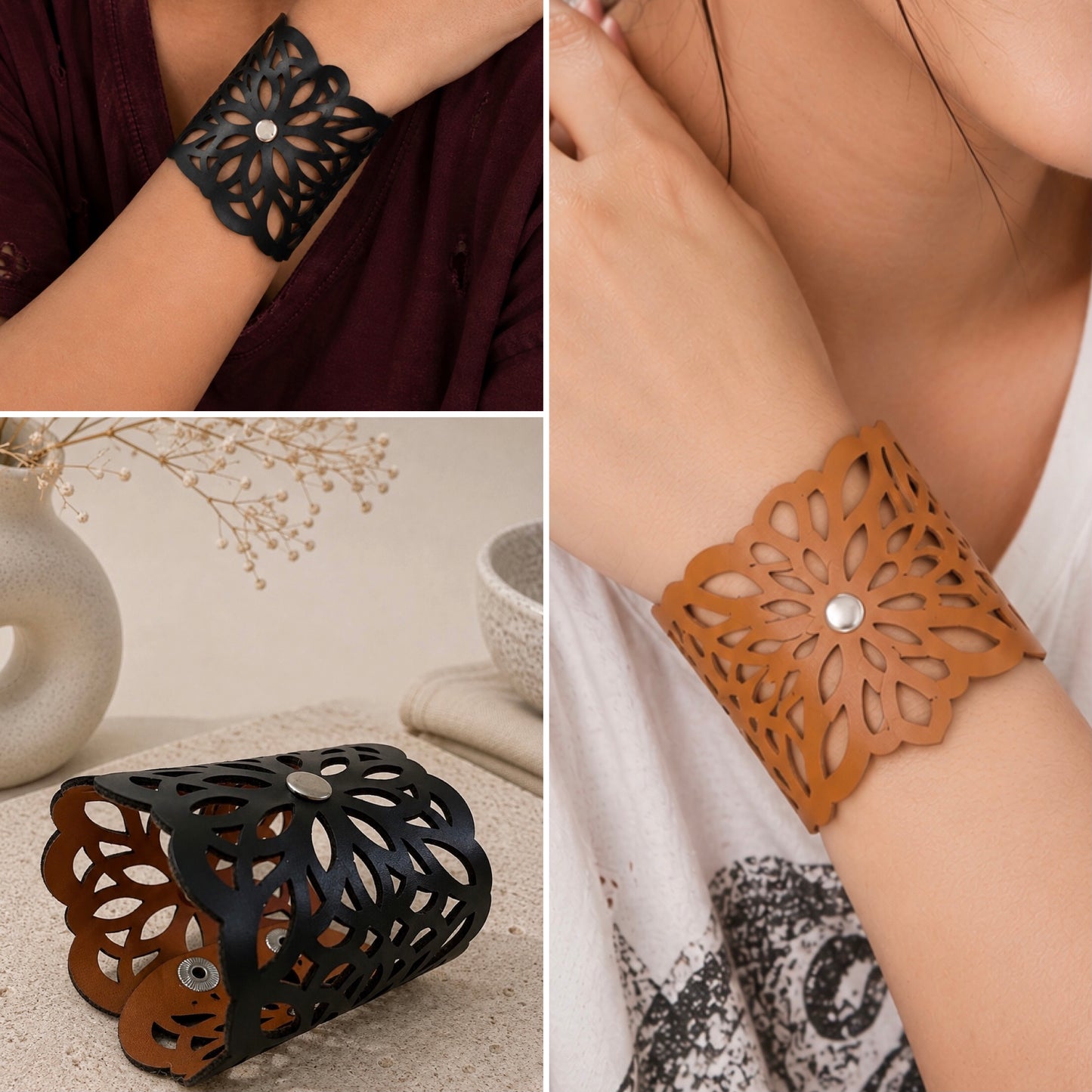 Leather Statement Cutwork Reversible Cuff Bracelet - Black and Camel
