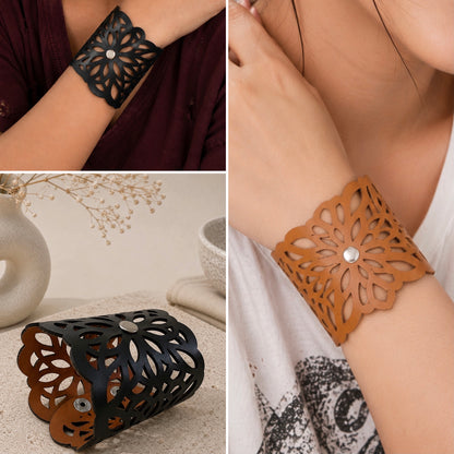 Leather Statement Cutwork Reversible Cuff Bracelet - Black and Camel
