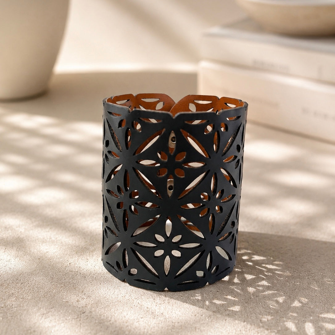 Leather Statement Cutwork Reversible Cuff Bracelet - Black and Camel