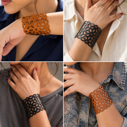 Leather Statement Cutwork Reversible Cuff Bracelet - Black and Camel