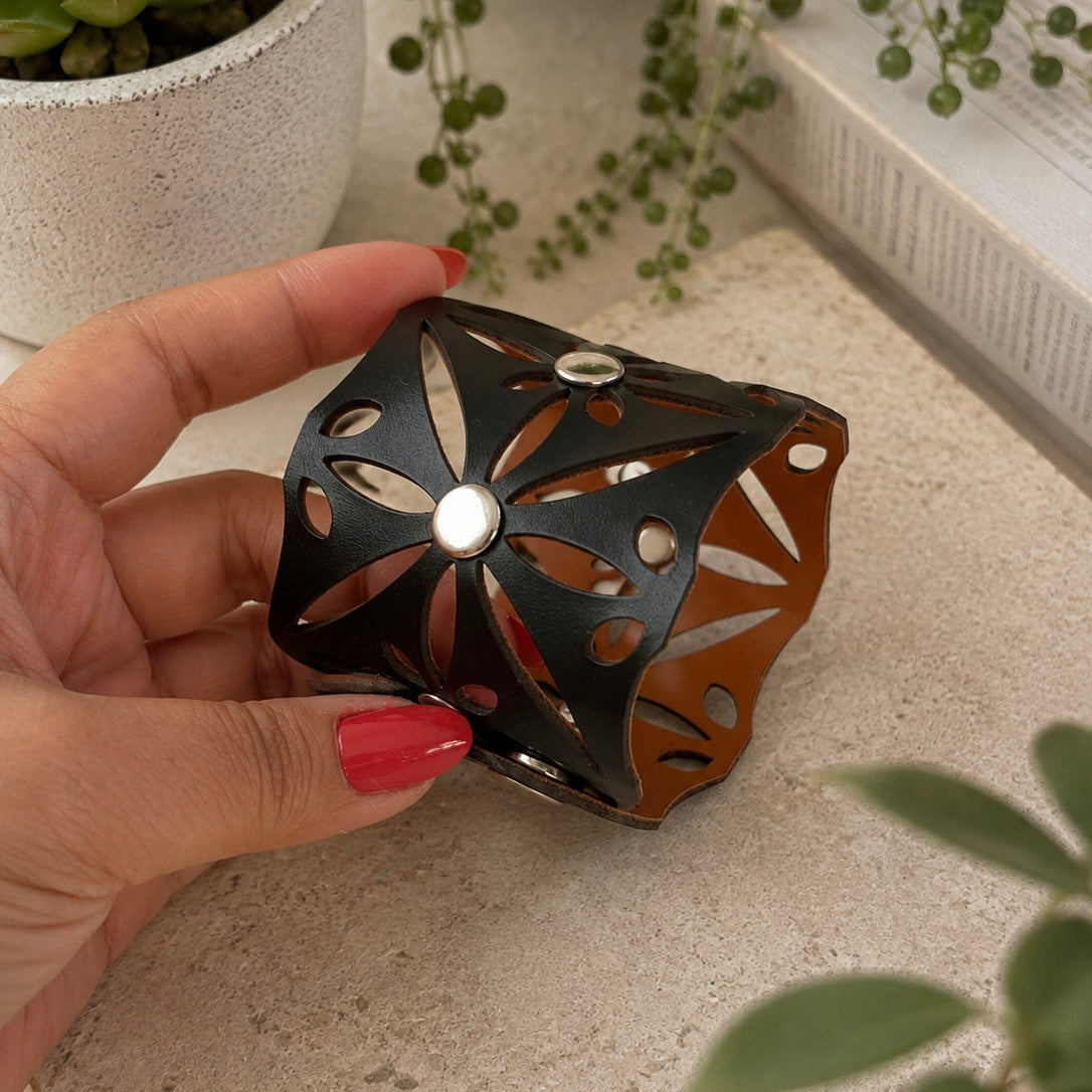 Leather Statement Cutwork Reversible Cuff Bracelet - Black and Camel