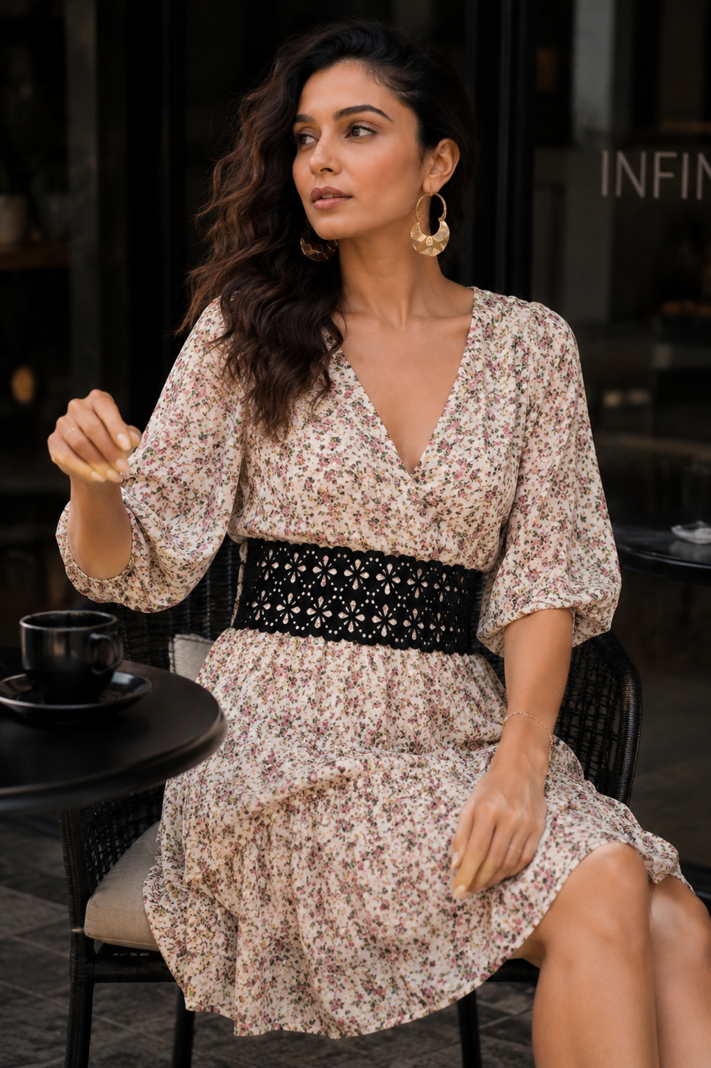 Leather Floral Cutwork Reversible Wide Waist Belt - Black and Camel