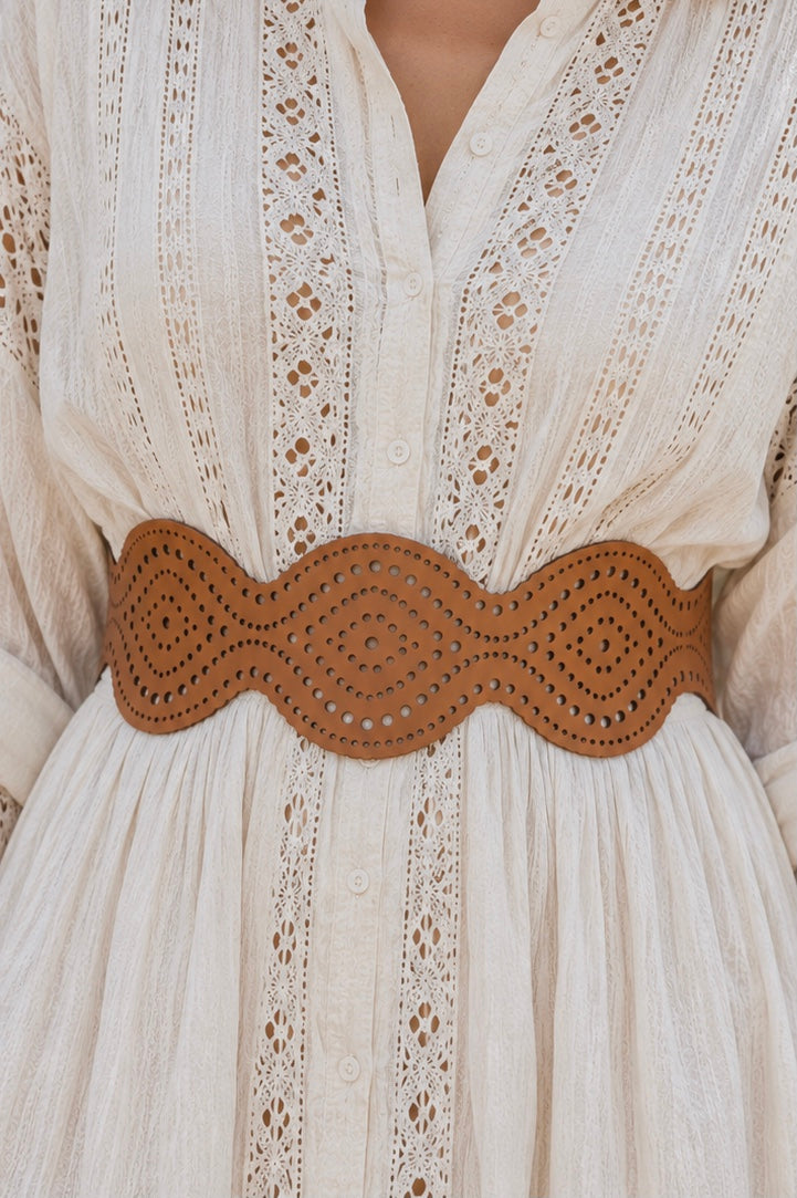 Leather Cutwork Reversible Chic Wide Waist Belt - Black and Camel