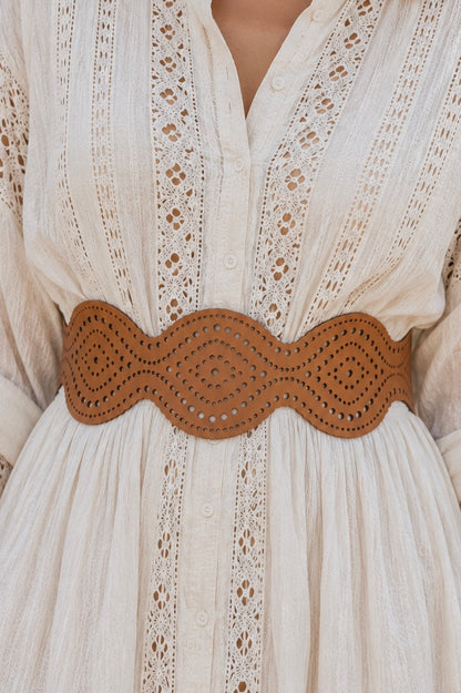 Leather Cutwork Reversible Chic Wide Waist Belt - Black and Camel