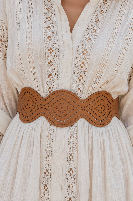 Leather Cutwork Reversible Chic Wide Waist Belt - Black and Camel
