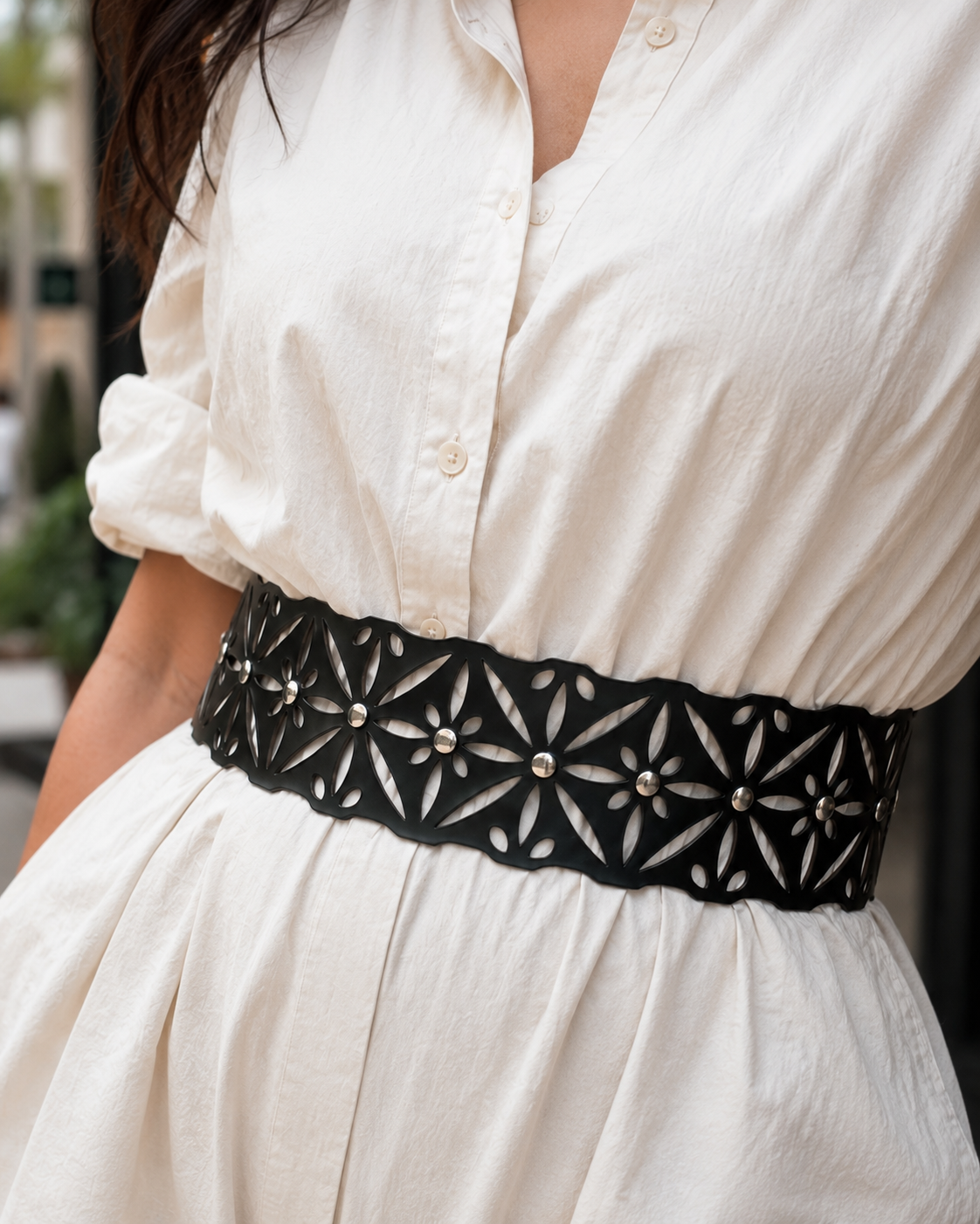 Leather Cutwork Reversible Bold Wide Waist Belt with Rivets - Black and Camel