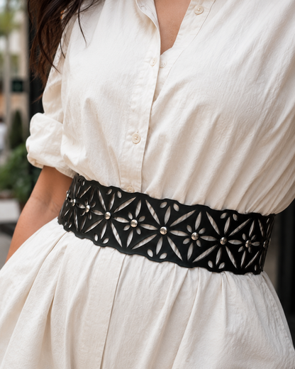 Leather Cutwork Reversible Bold Wide Waist Belt with Rivets - Black and Camel