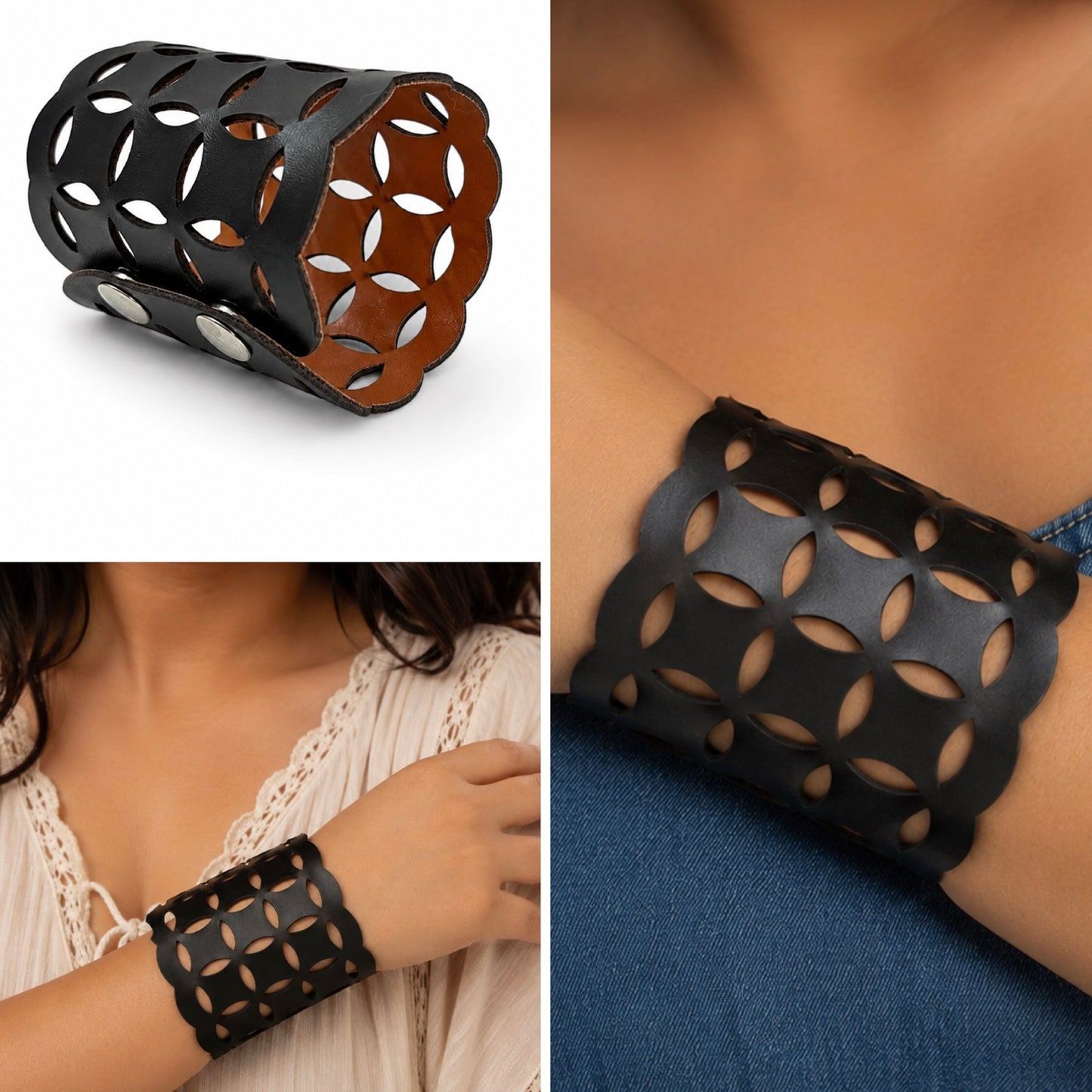 Leather Statement Cutwork Reversible Cuff Bracelet - Black and Camel