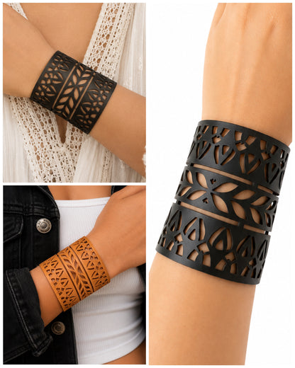 Leather Statement Cutwork Reversible Cuff Bracelet - Black and Camel