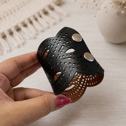 Leather Statement Cutwork Reversible Cuff Bracelet - Black and Camel