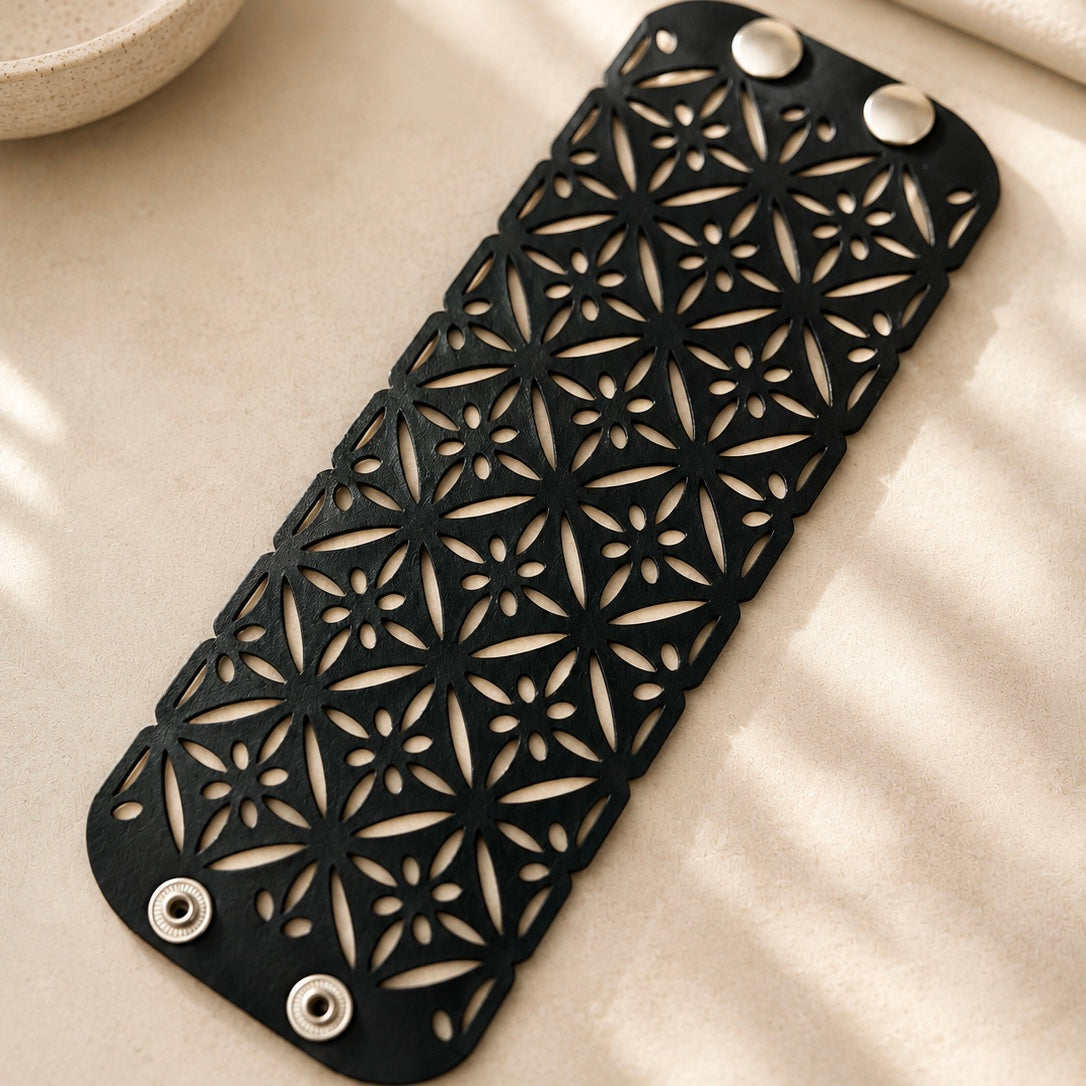 Leather Statement Cutwork Reversible Cuff Bracelet - Black and Camel