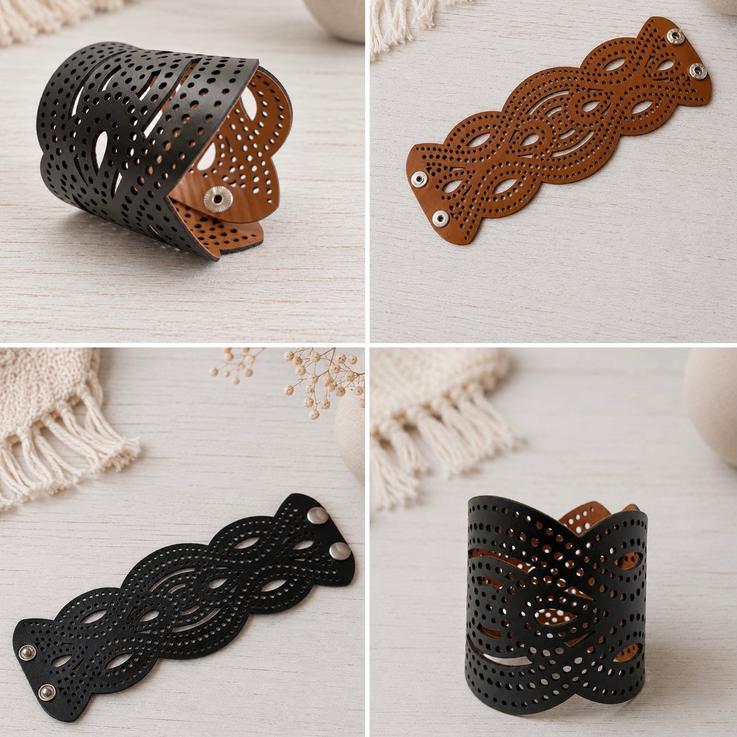 Leather Statement Cutwork Reversible Cuff Bracelet - Black and Camel
