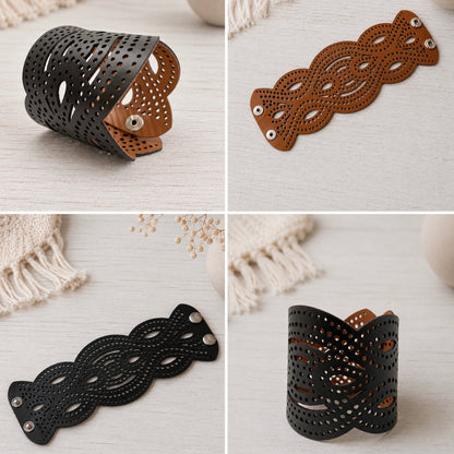 Leather Statement Cutwork Reversible Cuff Bracelet - Black and Camel