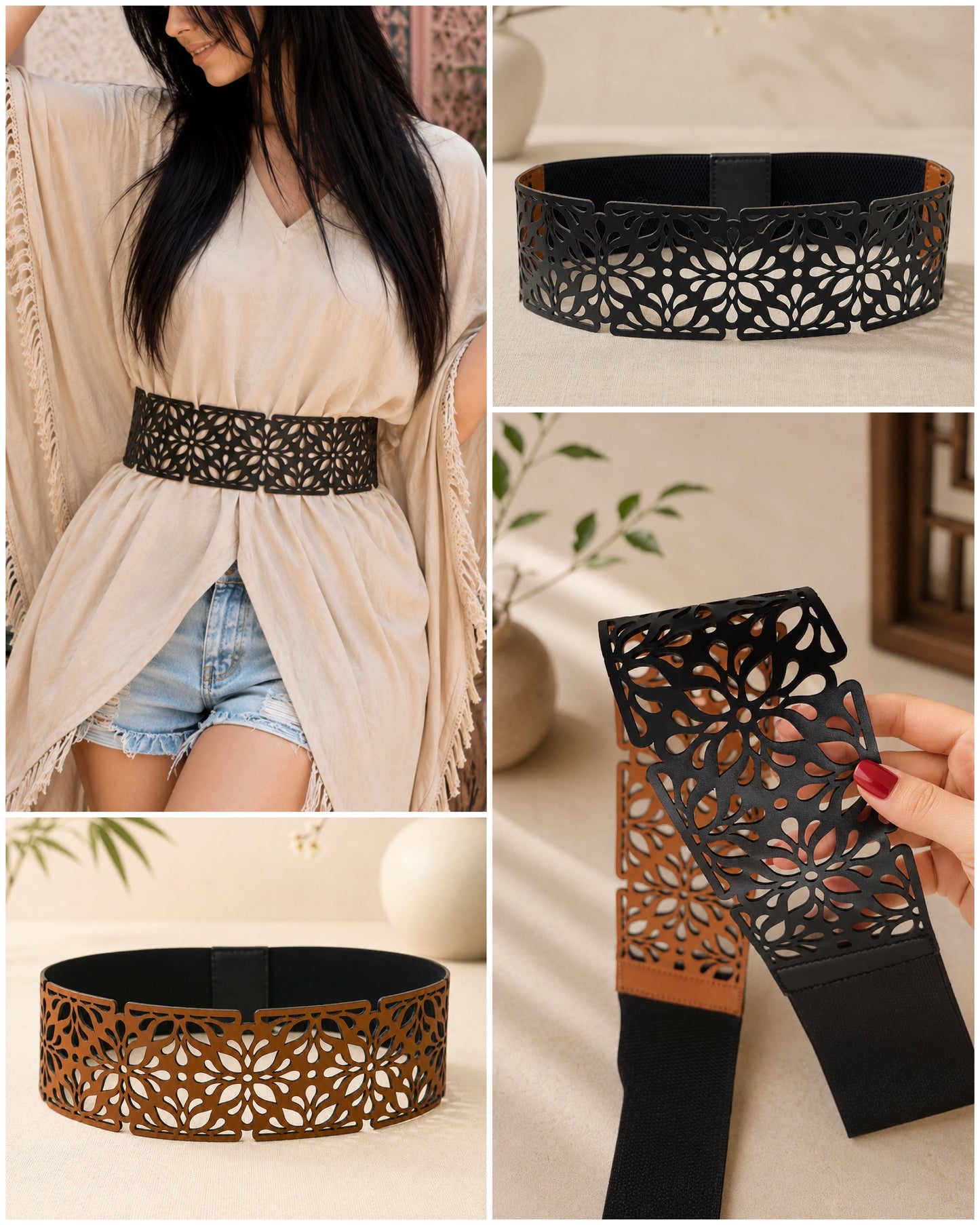Leather Cutwork Reversible Oriental Wide Waist Belt - Black and Camel