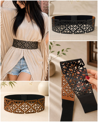 Leather Cutwork Reversible Oriental Wide Waist Belt - Black and Camel