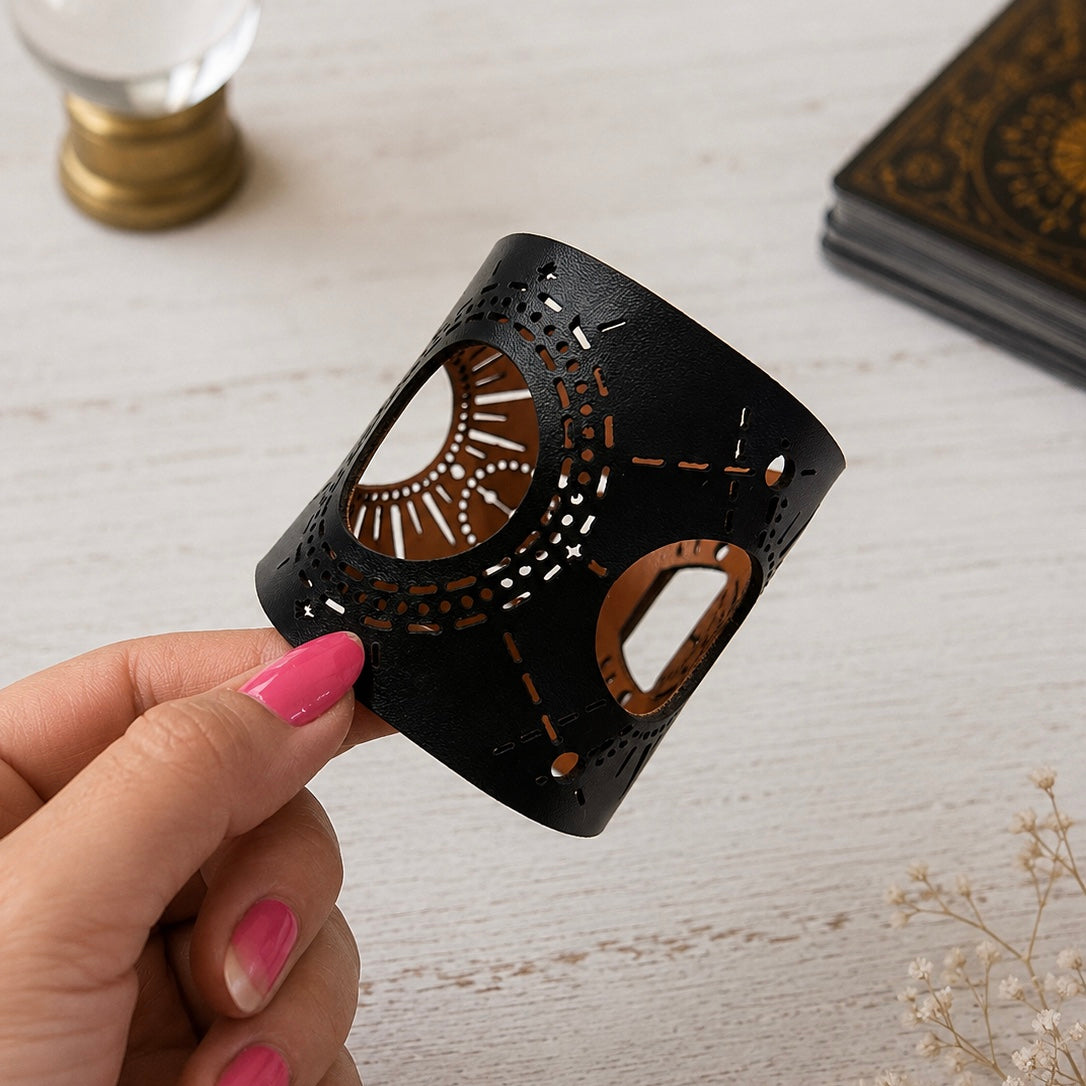 Leather Statement Cutwork Reversible Cuff Bracelet - Black and Camel