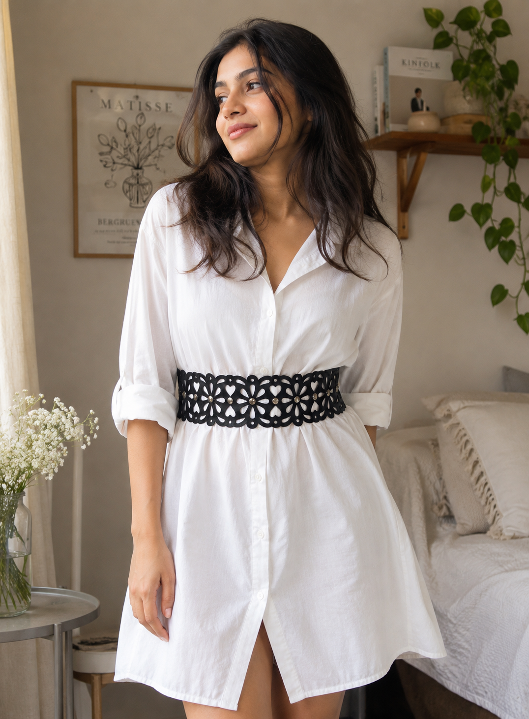Leather Cutwork Reversible Wide Waist Belt with Rivets - Black and Camel