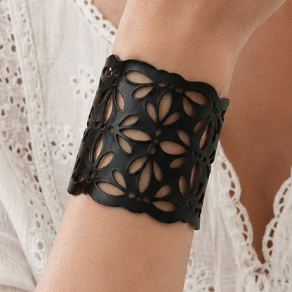 Leather Statement Cutwork Reversible Cuff Bracelet - Black and Camel