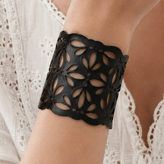 Leather Statement Cutwork Reversible Cuff Bracelet - Black and Camel