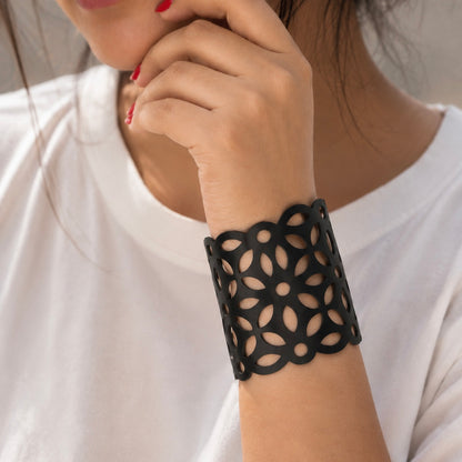 Leather Statement Cutwork Reversible Cuff Bracelet - Black and Camel