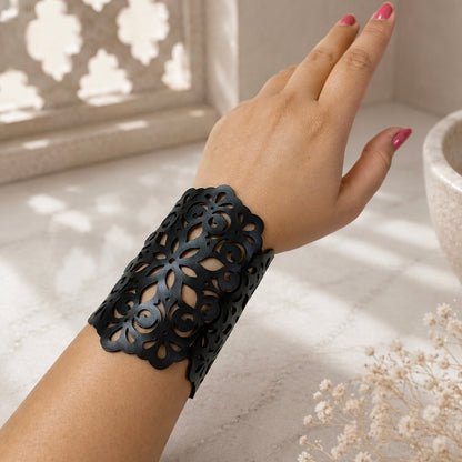 Leather Statement Cutwork Reversible Cuff Bracelet - Black and Camel