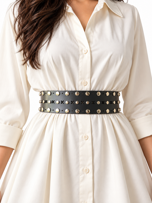 Women's Wide Leather Black Belt for Dresses - Studded Waist Belt