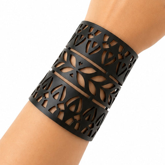 Leather Statement Cutwork Reversible Cuff Bracelet - Black and Camel