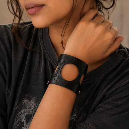 Leather Statement Cutwork Reversible Cuff Bracelet - Black and Camel