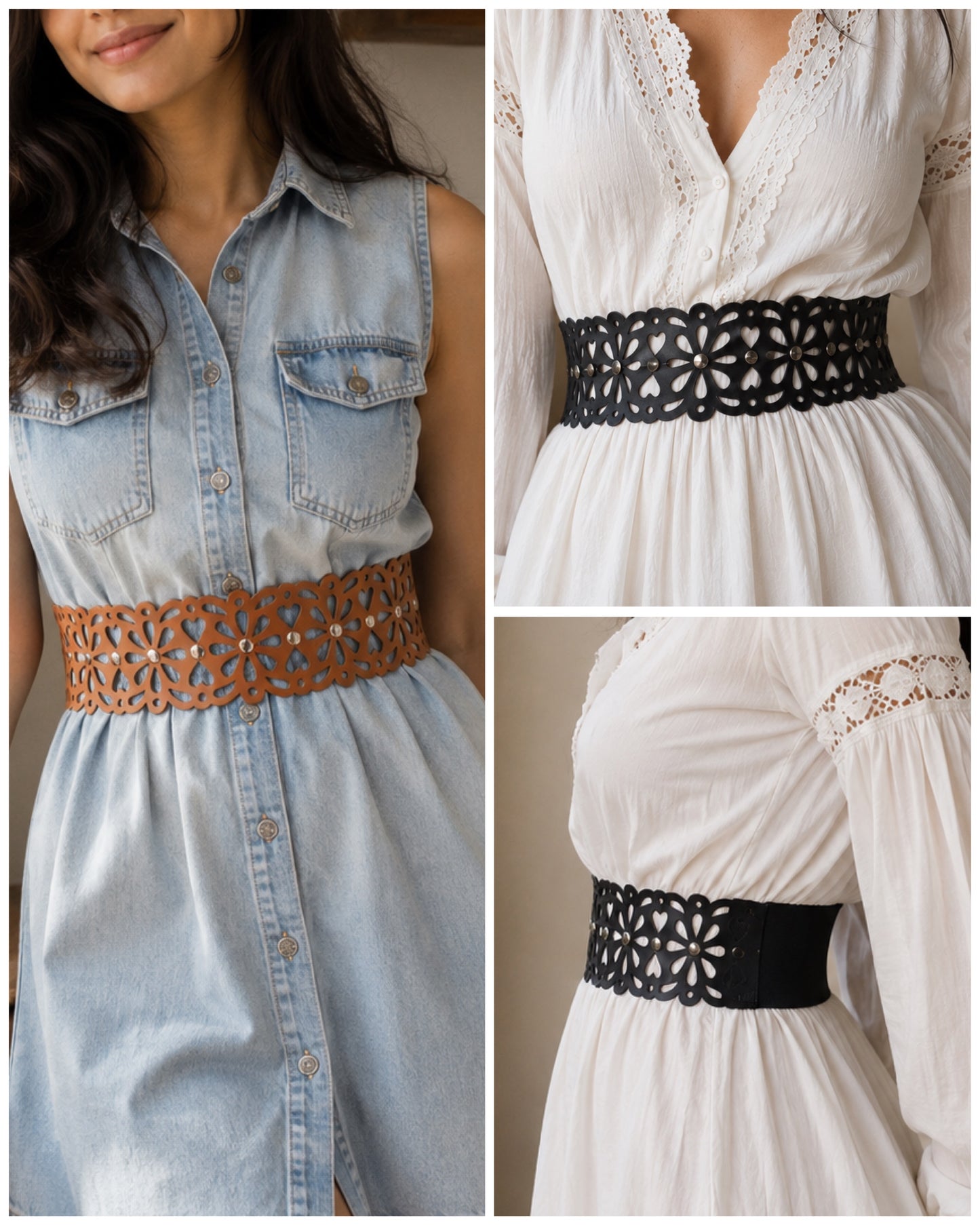 Leather Cutwork Reversible Wide Waist Belt with Rivets - Black and Camel