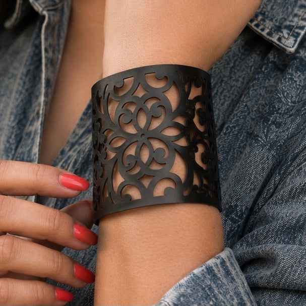 Leather Statement Cutwork Reversible Cuff Bracelet - Black and Camel