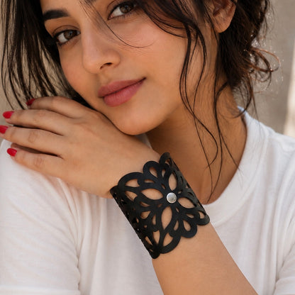 Leather Statement Cutwork Reversible Cuff Bracelet - Black and Camel