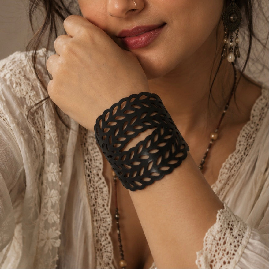 Leather Statement Cutwork Reversible Cuff Bracelet - Black and Camel