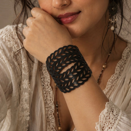 Leather Statement Cutwork Reversible Cuff Bracelet - Black and Camel