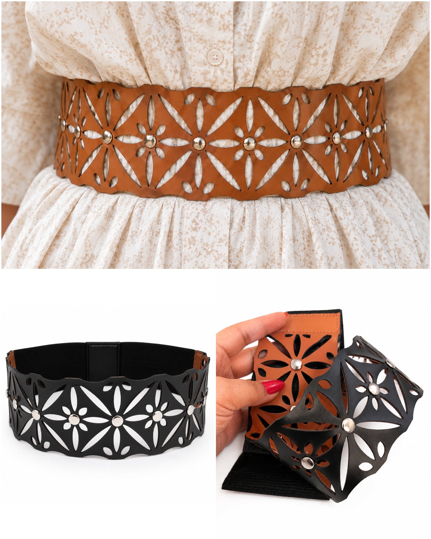 Leather Cutwork Reversible Bold Wide Waist Belt with Rivets - Black and Camel