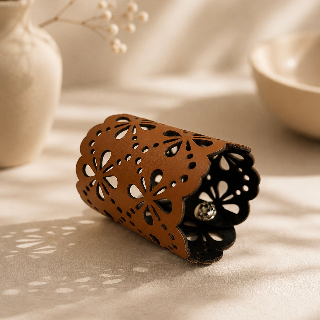 Leather Statement Cutwork Reversible Cuff Bracelet - Black and Camel