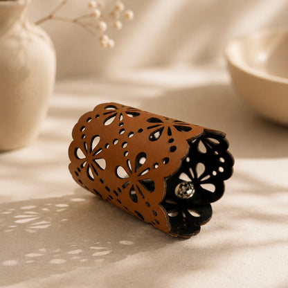Leather Statement Cutwork Reversible Cuff Bracelet - Black and Camel