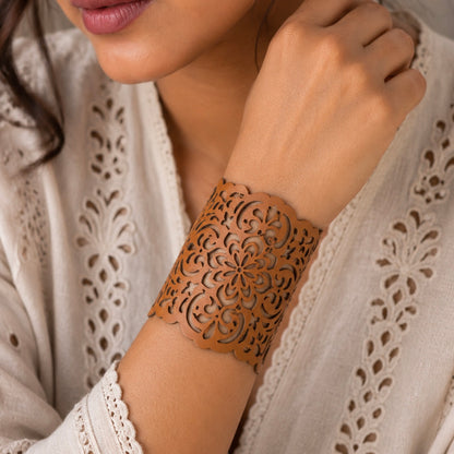 Leather Statement Cutwork Reversible Cuff Bracelet - Black and Camel