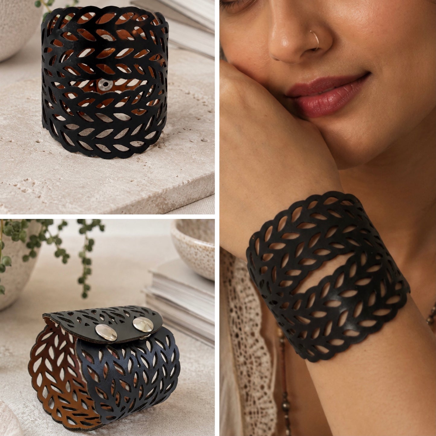 Leather Statement Cutwork Reversible Cuff Bracelet - Black and Camel