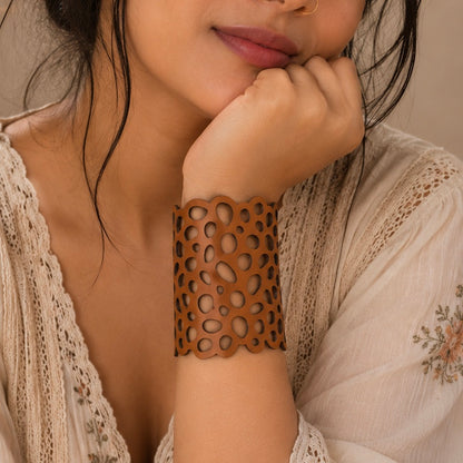 Leather Statement Cutwork Reversible Cuff Bracelet - Black and Camel