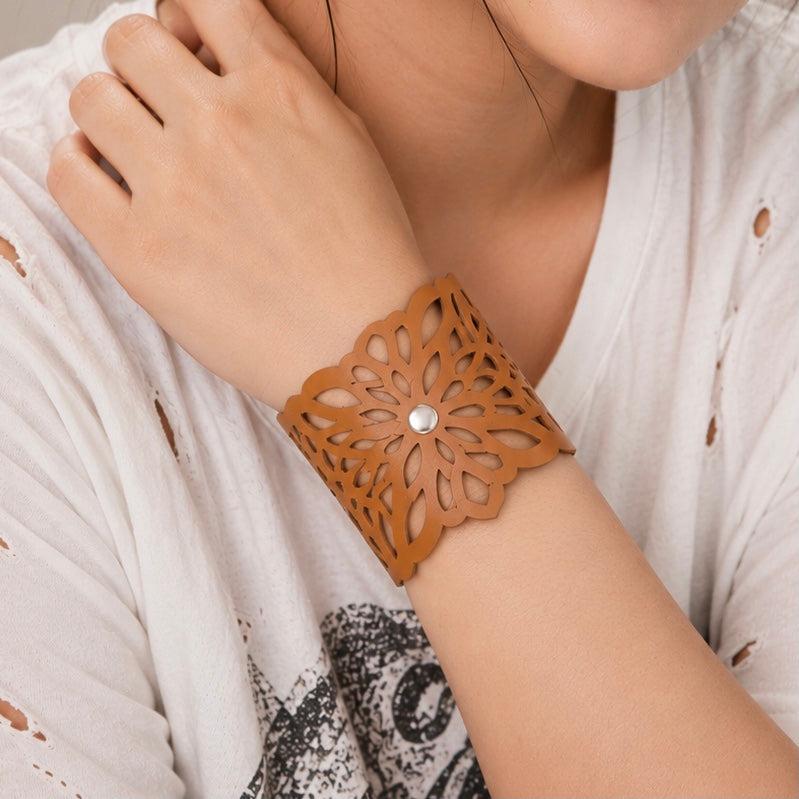 Leather Statement Cutwork Reversible Cuff Bracelet - Black and Camel