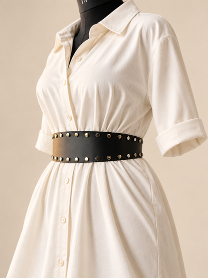 Women’s Wide Leather Black Belt for Dresses – Studded Waist Belt