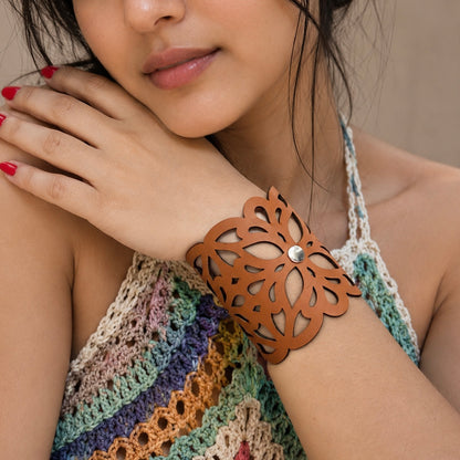 Leather Statement Cutwork Reversible Cuff Bracelet - Black and Camel